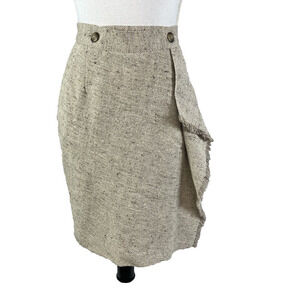 Vintage Liz Claiborne Skirt sz 8 Tan Khaki Wool Tweed Wrap Blanket Fringe Pencil